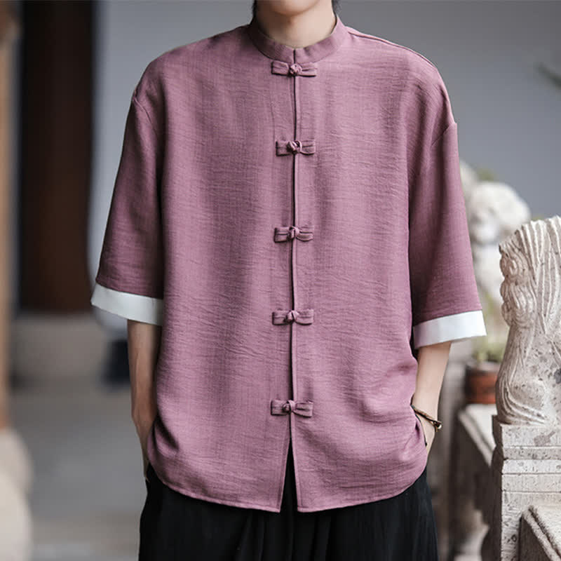 Buddha Stones Summer Tang Style Mandarin Collar Frog Button Solid Men's Elbow-Length Sleeve Shirts - Plum - US/UK/AU46,EU56 (5XL) - image 15