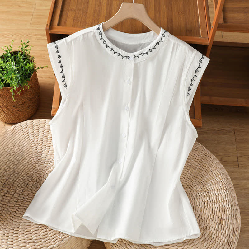 Buddha Stones Summer Button-Up Solid Crew Neck Women's Sleeveless Shirts - White - US8-10,UK/AU12-14,EU40-42 (2XL) - image 12