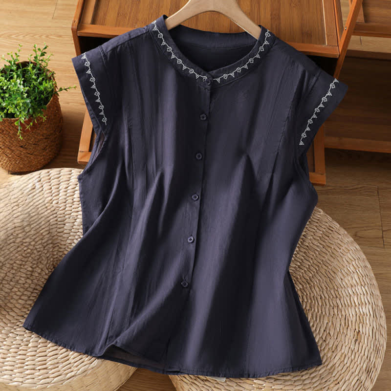 Buddha Stones Summer Button-Up Solid Crew Neck Women's Sleeveless Shirts - MidnightBlue - US8-10,UK/AU12-14,EU40-42 (2XL) - image 6