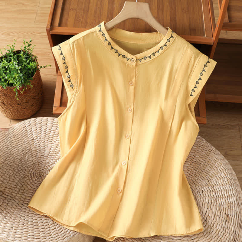Buddha Stones Summer Button-Up Solid Crew Neck Women's Sleeveless Shirts - Khaki - US8-10,UK/AU12-14,EU40-42 (2XL) - image 0