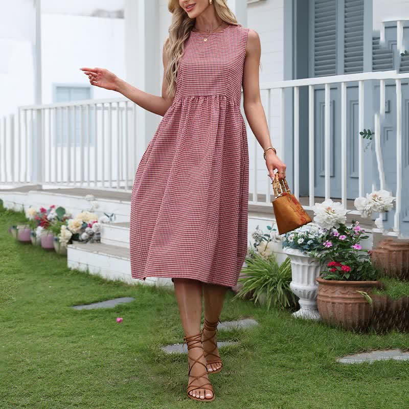 Buddha Stones Summer Casual Plaid Cotton Women's Sleeveless Dress With Pockets - DarkSalmon - US16,UK/AU20,EU48 (3XL) - image 0