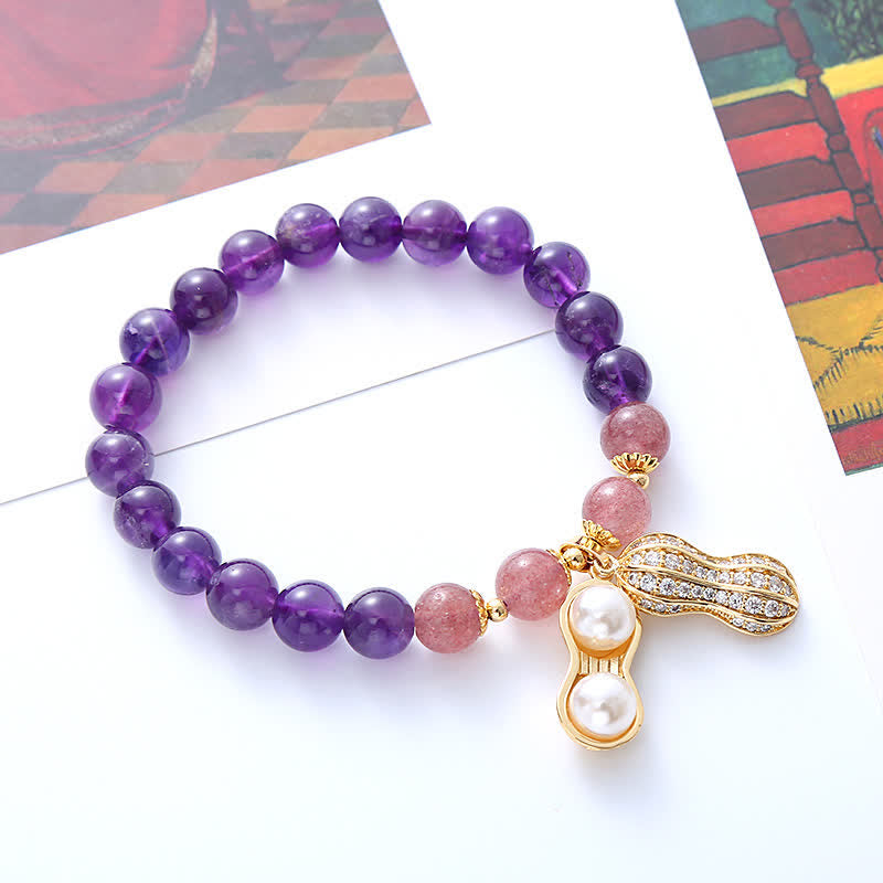 Buddha Stones Natural Amethyst Strawberry Quartz Peanut Good Things Happen Positive Bracelet - Amethyst(Wrist Circumference 15-16cm) - image 0