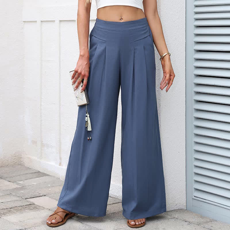 Buddha Stones Plain Color Cotton Linen High Waist Women's Wide Leg Pants With Pockets - SteelBlue - US16,UK/AU20,EU48 (3XL) - image 0