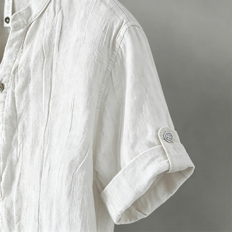 Buddha Stones Summer Half Buttons Rolled Sleeves Design Cotton Linen Men's Short Sleeve Shirt - image 18