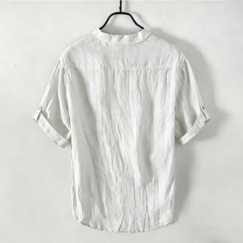 Buddha Stones Summer Half Buttons Rolled Sleeves Design Cotton Linen Men's Short Sleeve Shirt - image 15