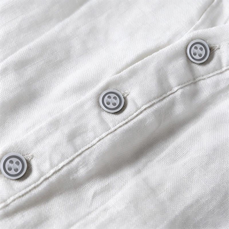 Buddha Stones Summer Half Buttons Rolled Sleeves Design Cotton Linen Men's Short Sleeve Shirt - image 17