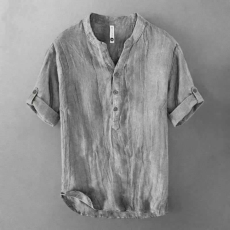 Buddha Stones Summer Half Buttons Rolled Sleeves Design Cotton Linen Men's Short Sleeve Shirt - Gray - US/UK/AU46,EU56 (3XL) - image 0