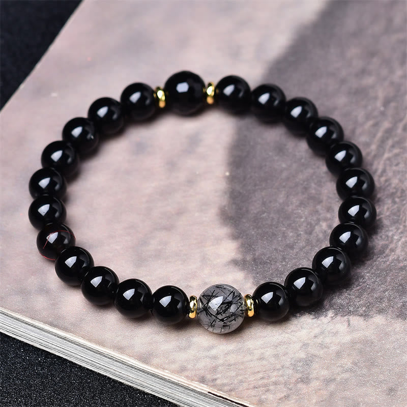 Buddha Stones Natural Black Obsidian Black Rutilated Quartz Purification Bracelet - image 3