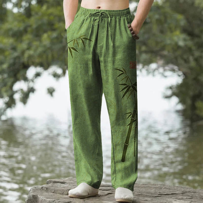 Buddha Stones Cotton Bamboo Leaves Ink Pattern Men's Tapered Pants With Pockets - OliveDrab - US/UK/AU50,EU60 (5XL) - image 0