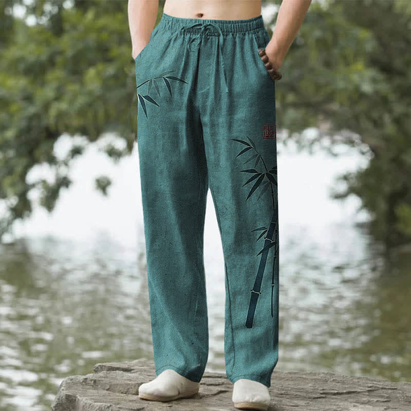 Buddha Stones Cotton Bamboo Leaves Ink Pattern Men's Tapered Pants With Pockets - Teal - US/UK/AU50,EU60 (5XL) - image 4