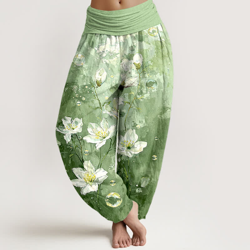 Buddha Stones Pure Cotton Watercolor White Lotus Pattern Women's Elastic Waist Harem Pants - LightGreen - US16,UK/AU20,EU48 (3XL) - image 0