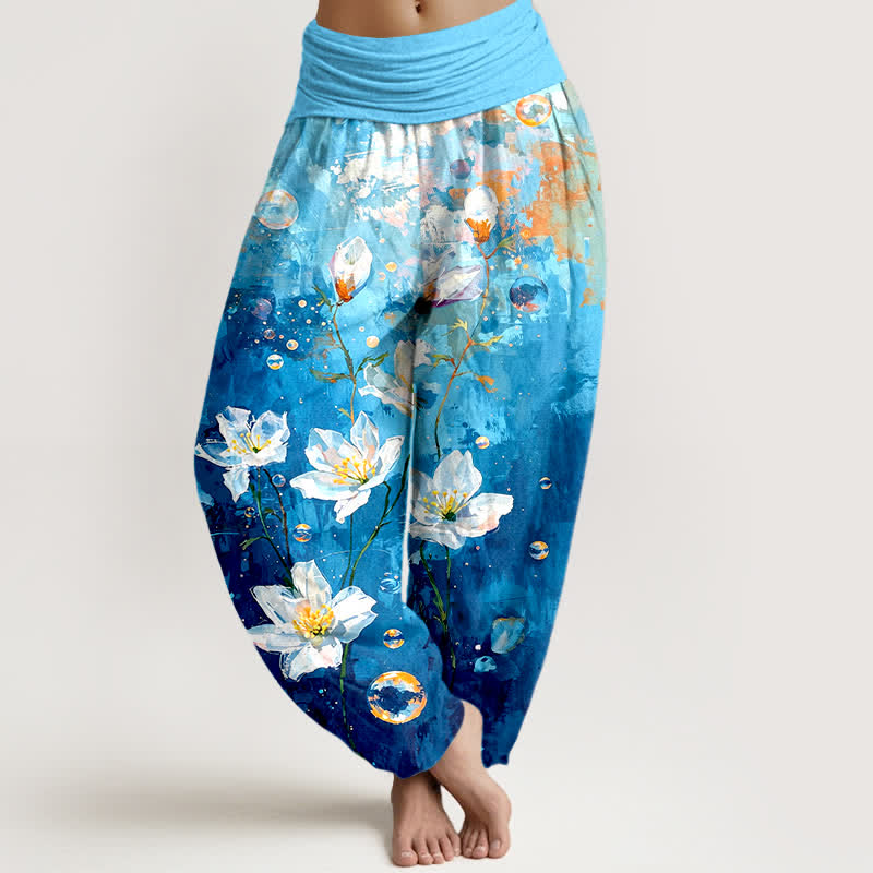 Buddha Stones Pure Cotton Watercolor White Lotus Pattern Women's Elastic Waist Harem Pants - Turquoise - US16,UK/AU20,EU48 (3XL) - image 3