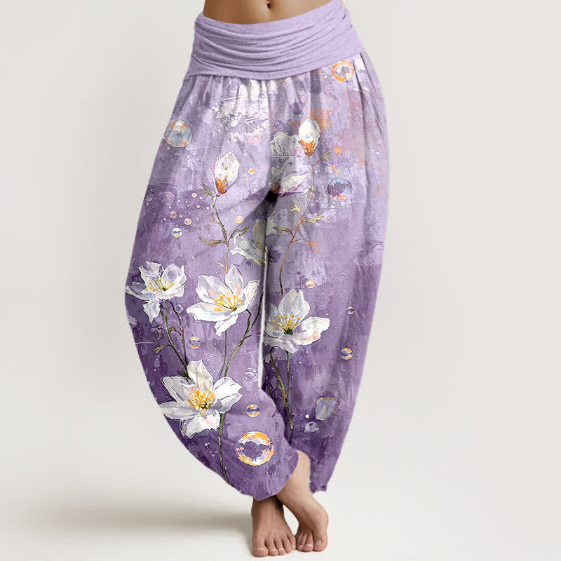 Buddha Stones Pure Cotton Watercolor White Lotus Pattern Women's Elastic Waist Harem Pants - Lavender - US16,UK/AU20,EU48 (3XL) - image 6