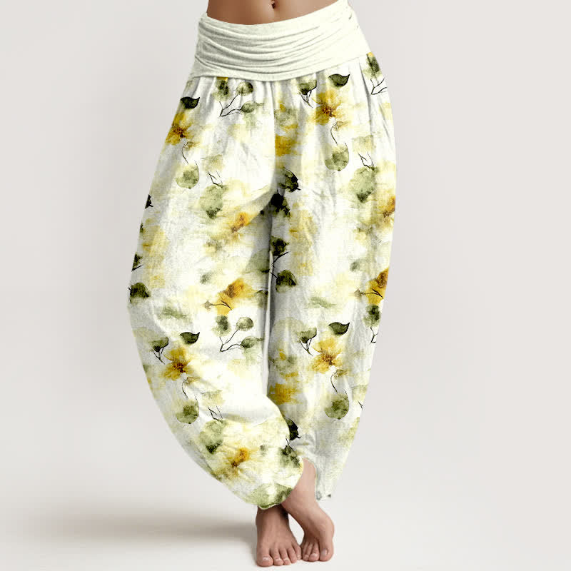Buddha Stones Cotton Watercolor Floral Leaf Pattern Women's Elastic Waist Harem Pants - Khaki - US16,UK/AU20,EU48 (3XL) - image 0