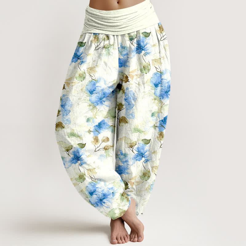 Buddha Stones Cotton Watercolor Floral Leaf Pattern Women's Elastic Waist Harem Pants - DeepSkyBlue - US16,UK/AU20,EU48 (3XL) - image 3