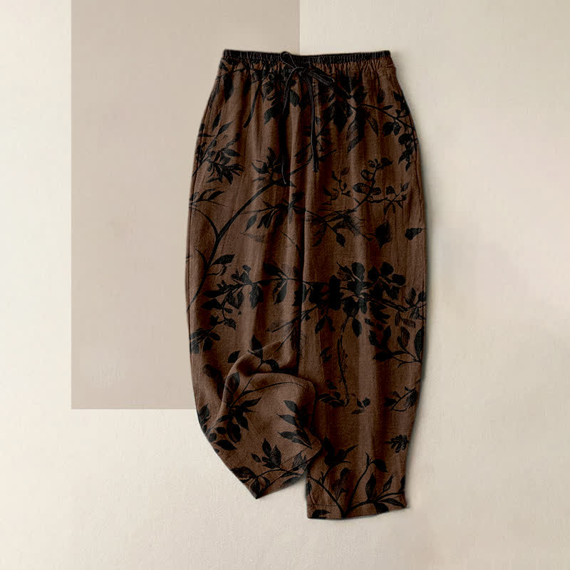 Buddha Stones Pure Cotton Black Botanical Leaf Pattern Women's Elastic Waist Pants With Pockets - SaddleBrown - US16,UK/AU20,EU48 (3XL) - image 0