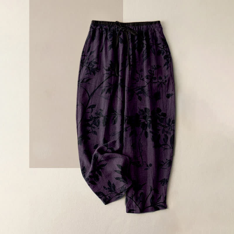 Buddha Stones Pure Cotton Black Botanical Leaf Pattern Women's Elastic Waist Pants With Pockets - Purple - US16,UK/AU20,EU48 (3XL) - image 4