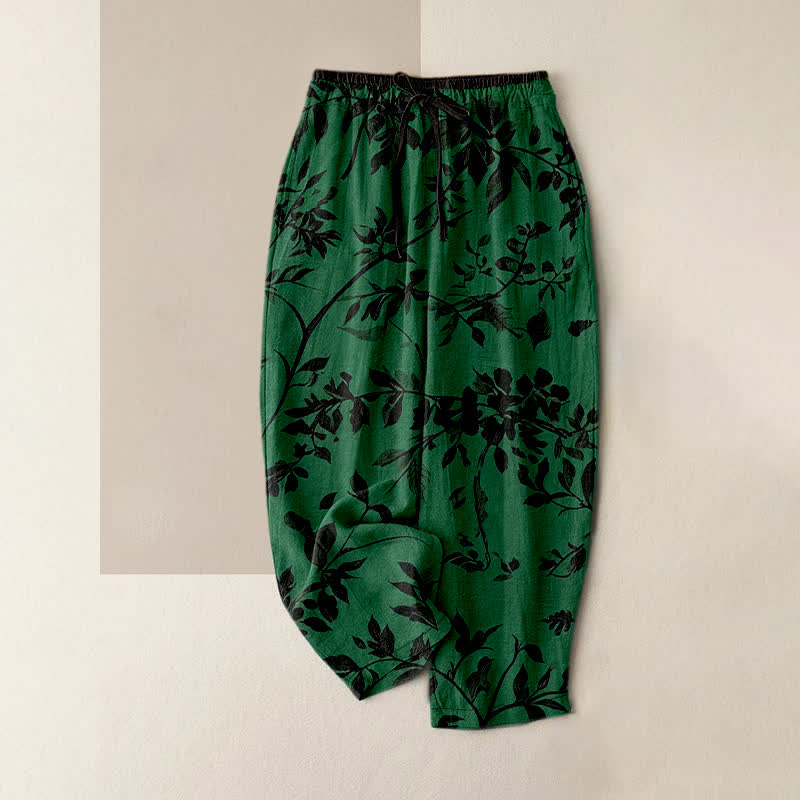 Buddha Stones Pure Cotton Black Botanical Leaf Pattern Women's Elastic Waist Pants With Pockets - ForestGreen - US16,UK/AU20,EU48 (3XL) - image 5
