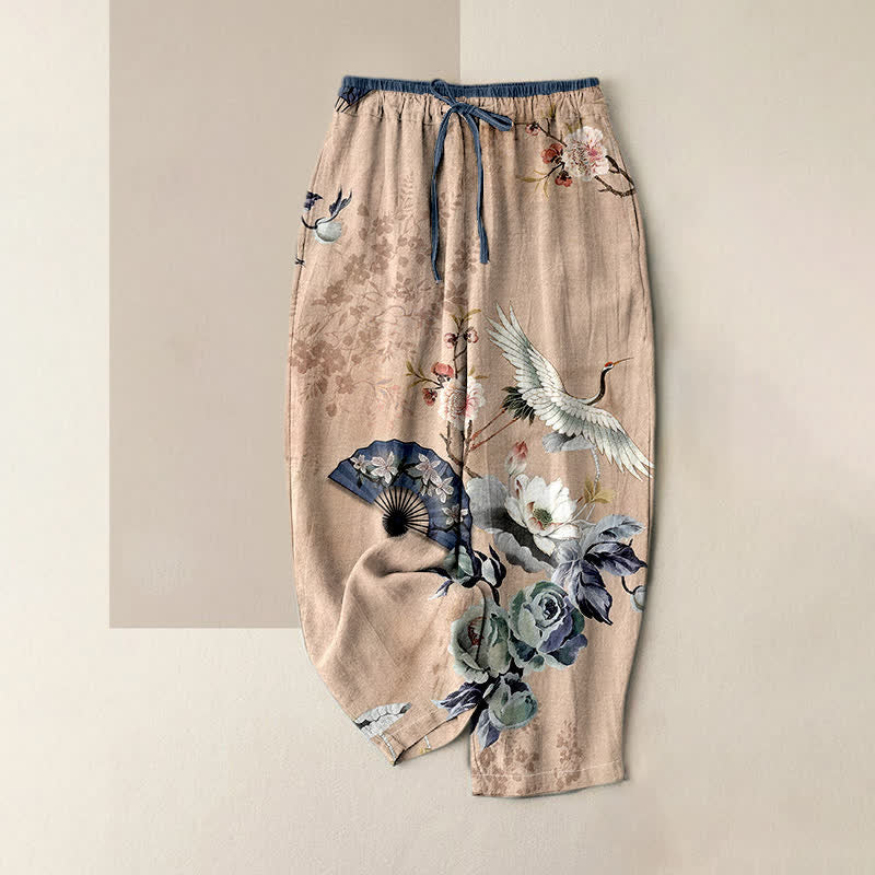 Buddha Stones Pure Cotton Oriental Crane Fan Pattern Women's Elastic Waist Pants With Pockets - Wheat - US16,UK/AU20,EU48 (3XL) - image 0