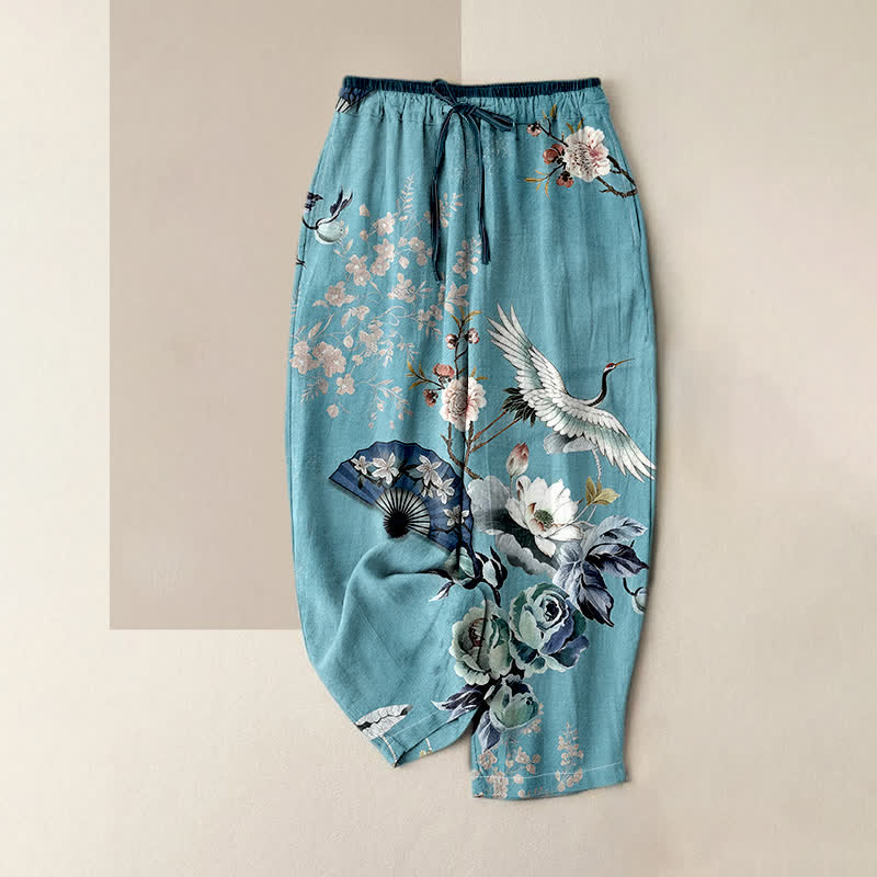 Buddha Stones Pure Cotton Oriental Crane Fan Pattern Women's Elastic Waist Pants With Pockets - SkyBlue - US16,UK/AU20,EU48 (3XL) - image 3