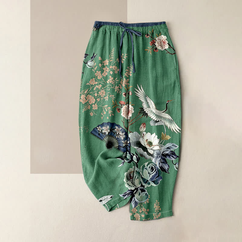 Buddha Stones Pure Cotton Oriental Crane Fan Pattern Women's Elastic Waist Pants With Pockets - SeaGreen - US16,UK/AU20,EU48 (3XL) - image 4