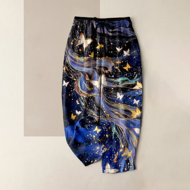 Buddha Stones Cotton Starry Butterfly Ribbon Pattern Women's Elastic Waist Pants With Pockets - MidnightBlue - US16,UK/AU20,EU48 (3XL) - image 0