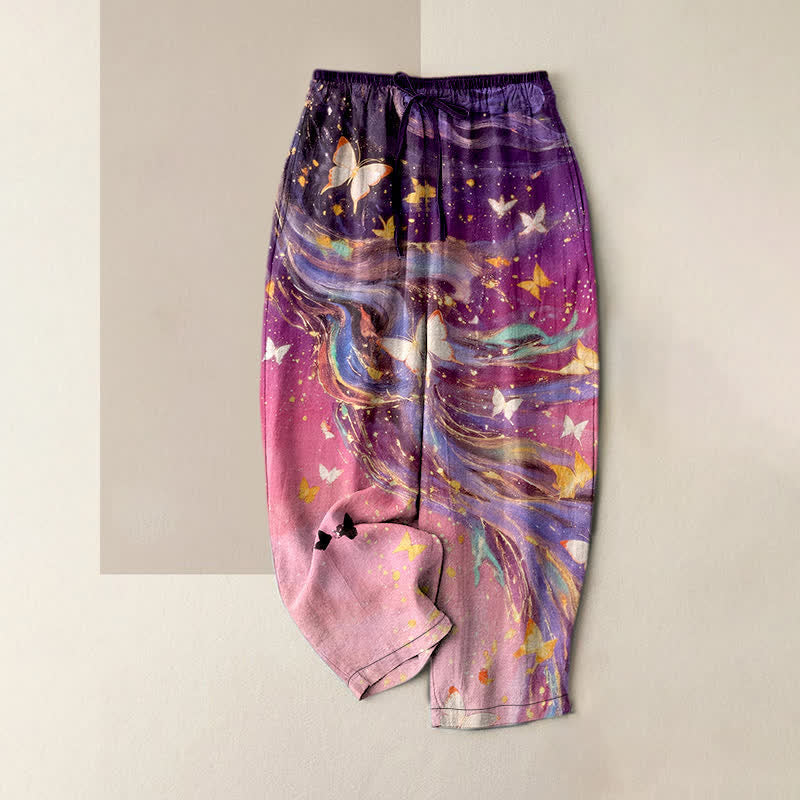 Buddha Stones Cotton Starry Butterfly Ribbon Pattern Women's Elastic Waist Pants With Pockets - Purple - US16,UK/AU20,EU48 (3XL) - image 4