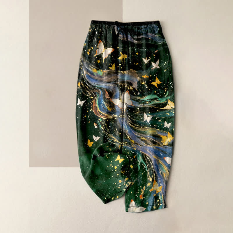 Buddha Stones Cotton Starry Butterfly Ribbon Pattern Women's Elastic Waist Pants With Pockets - DarkGreen - US16,UK/AU20,EU48 (3XL) - image 5