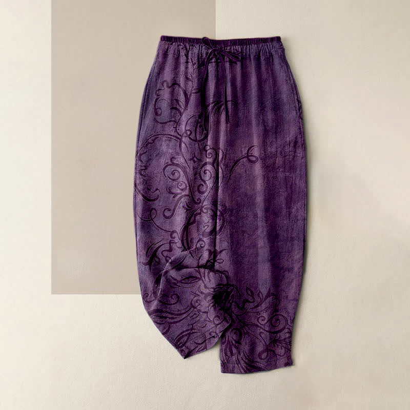 Buddha Stones Cotton Velvet Vine Scroll Pattern Women's Elastic Waist Pants With Pockets - Purple - US16,UK/AU20,EU48 (3XL) - image 0