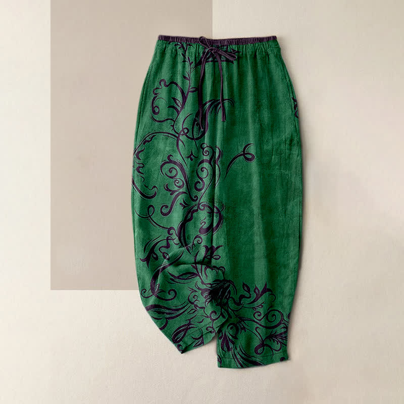 Buddha Stones Cotton Velvet Vine Scroll Pattern Women's Elastic Waist Pants With Pockets - ForestGreen - US16,UK/AU20,EU48 (3XL) - image 4