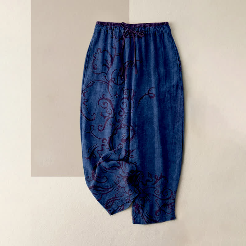 Buddha Stones Cotton Velvet Vine Scroll Pattern Women's Elastic Waist Pants With Pockets - Navy - US16,UK/AU20,EU48 (3XL) - image 5