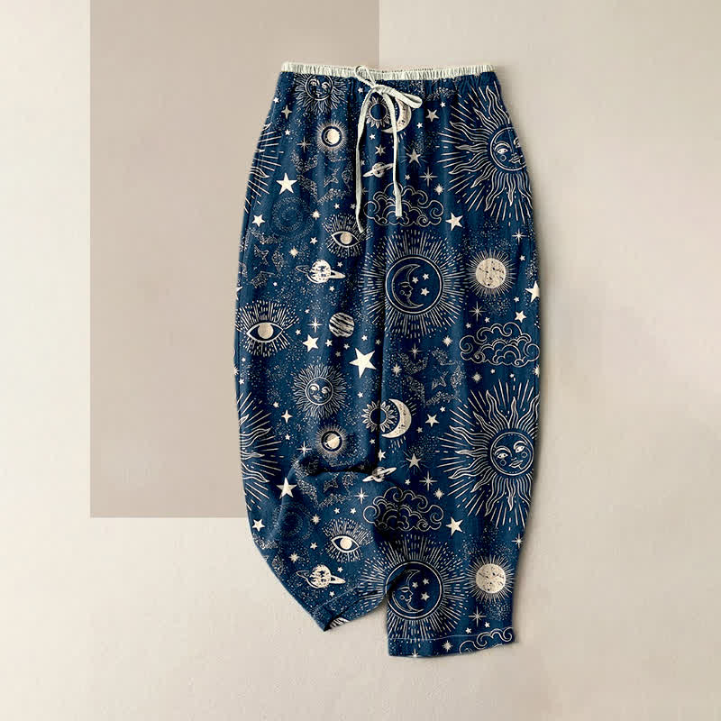 Buddha Stones Pure Cotton Celestial Sun Moon Stars Pattern Women's Elastic Waist Pants With Pockets - Navy - US16,UK/AU20,EU48 (3XL) - image 0
