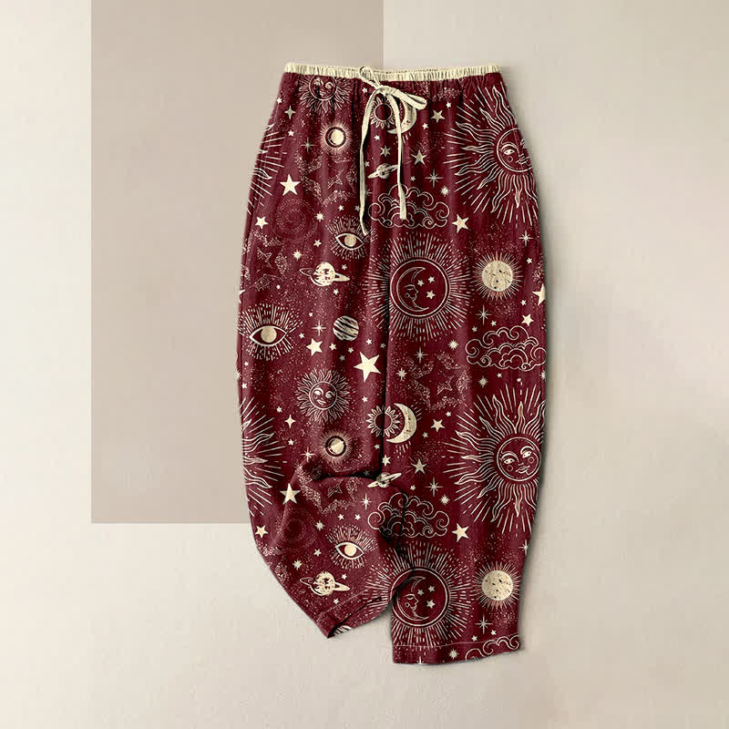 Buddha Stones Pure Cotton Celestial Sun Moon Stars Pattern Women's Elastic Waist Pants With Pockets - DarkRed - US16,UK/AU20,EU48 (3XL) - image 3