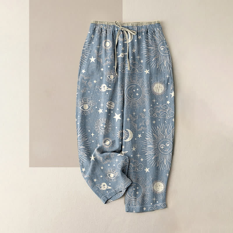 Buddha Stones Pure Cotton Celestial Sun Moon Stars Pattern Women's Elastic Waist Pants With Pockets - LightSteelBlue - US16,UK/AU20,EU48 (3XL) - image 4