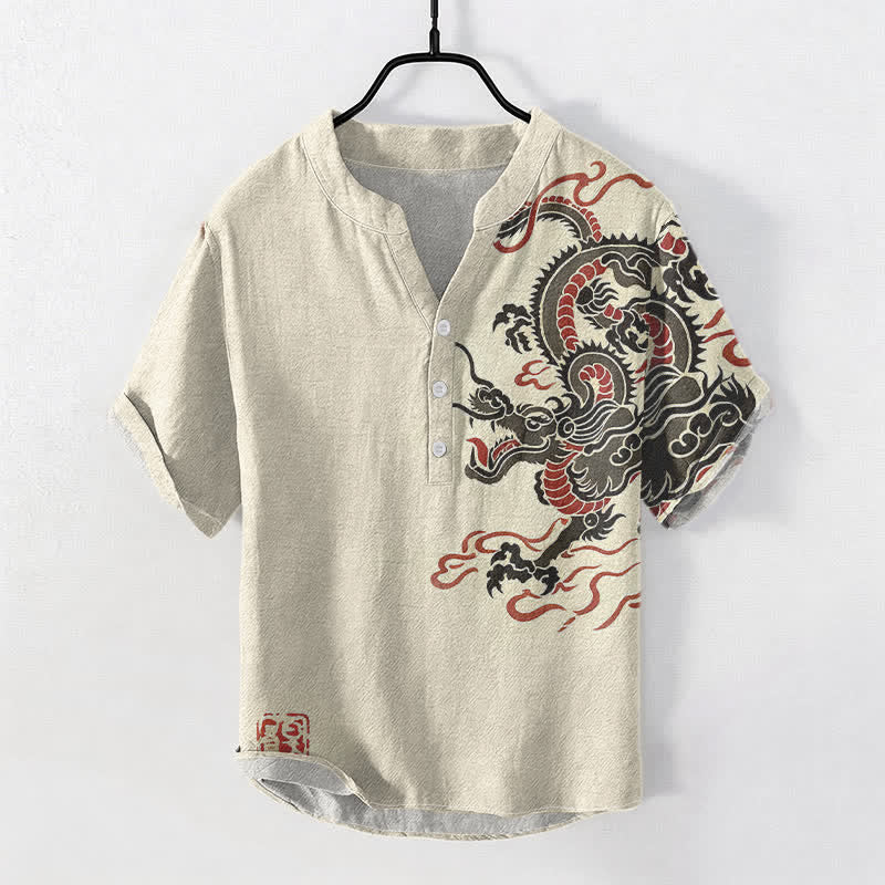 Buddha Stones Cotton Black Red Dragon Pattern Men's Short Sleeve Half Button Shirt - Beige - US/UK/AU50,EU60 (5XL) - image 0