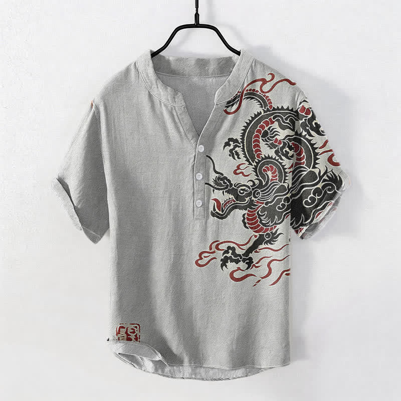 Buddha Stones Cotton Black Red Dragon Pattern Men's Short Sleeve Half Button Shirt - LightGrey - US/UK/AU50,EU60 (5XL) - image 3