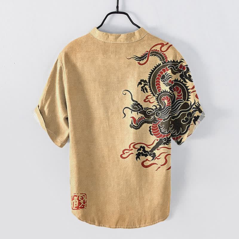 Buddha Stones Cotton Black Red Dragon Pattern Men's Short Sleeve Half Button Shirt - BurlyWood - US/UK/AU50,EU60 (5XL) - image 6