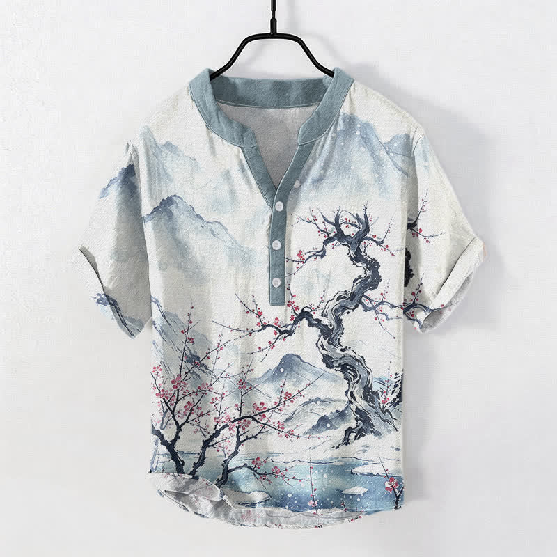 Buddha Stones Cotton Ink Wash Mountain Plum Pattern Half Button Men's Short Sleeve Shirt - AliceBlue - US/UK/AU50,EU60 (5XL) - image 0