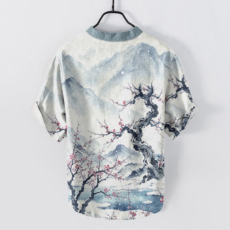 Buddha Stones Cotton Ink Wash Mountain Plum Pattern Half Button Men's Short Sleeve Shirt - image 1