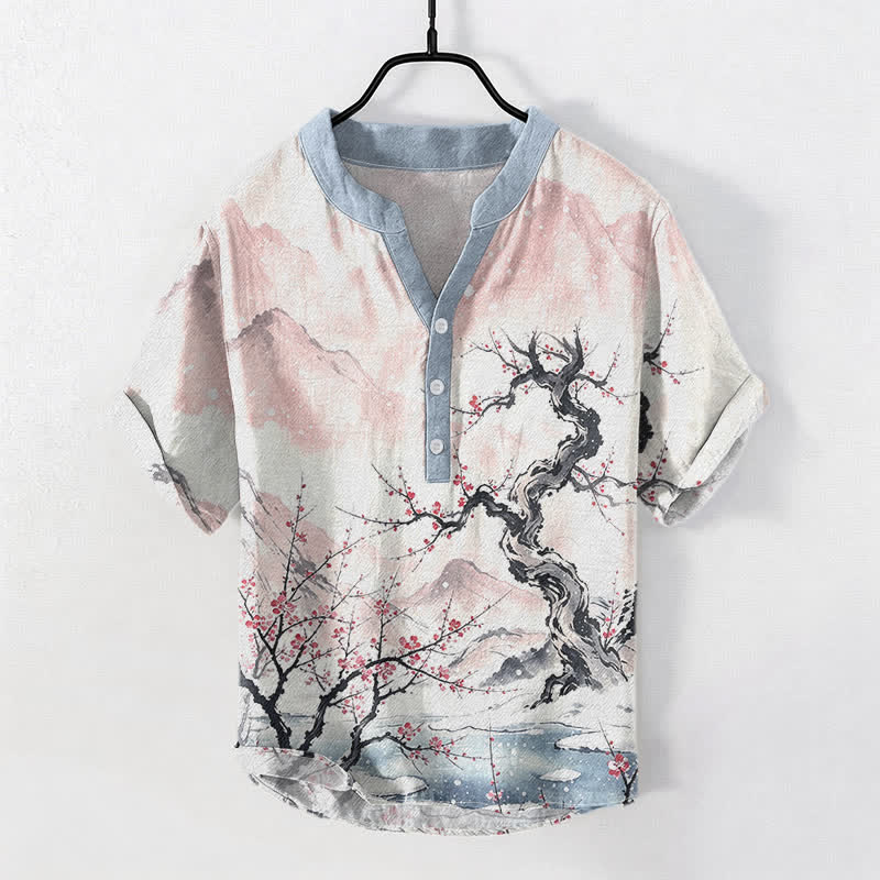 Buddha Stones Cotton Ink Wash Mountain Plum Pattern Half Button Men's Short Sleeve Shirt - MistyRose - US/UK/AU50,EU60 (5XL) - image 3