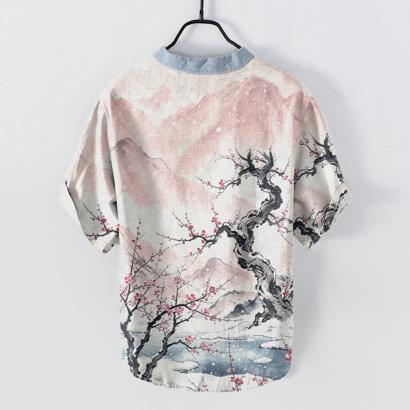 Buddha Stones Cotton Ink Wash Mountain Plum Pattern Half Button Men's Short Sleeve Shirt - image 4