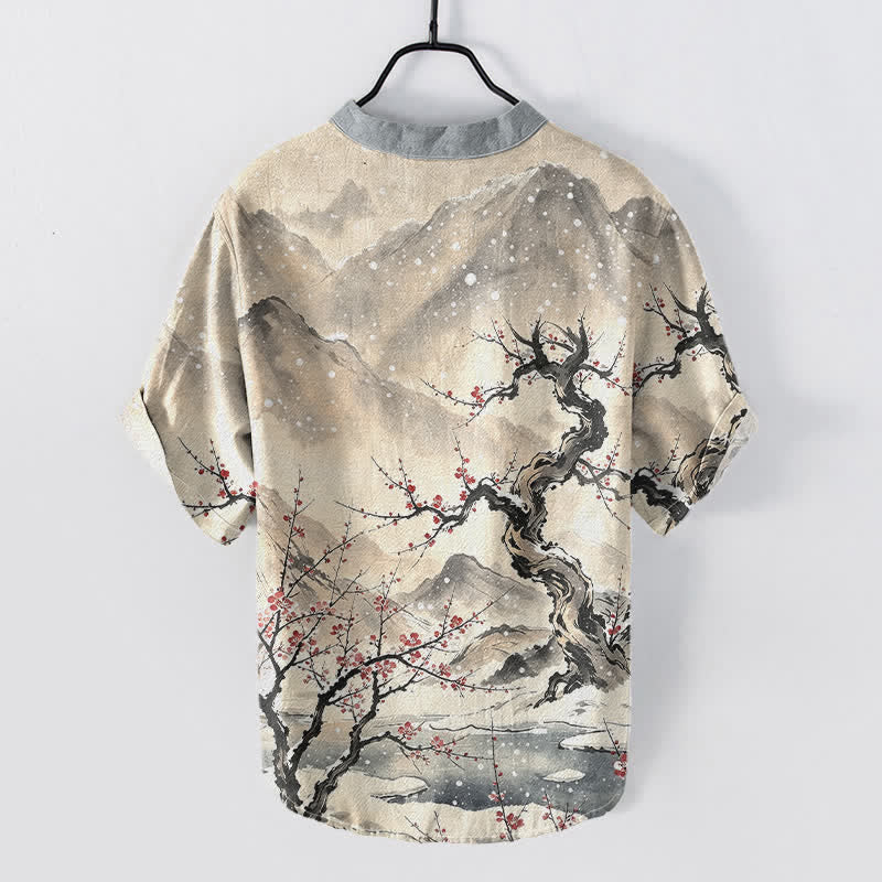 Buddha Stones Cotton Ink Wash Mountain Plum Pattern Half Button Men's Short Sleeve Shirt - image 6