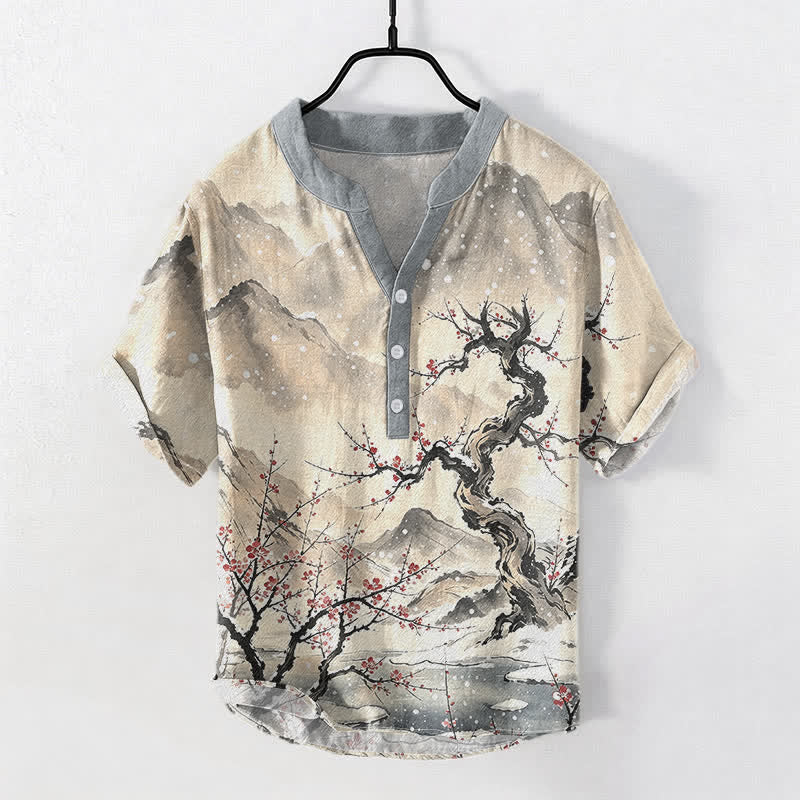 Buddha Stones Cotton Ink Wash Mountain Plum Pattern Half Button Men's Short Sleeve Shirt - Wheat - US/UK/AU50,EU60 (5XL) - image 5