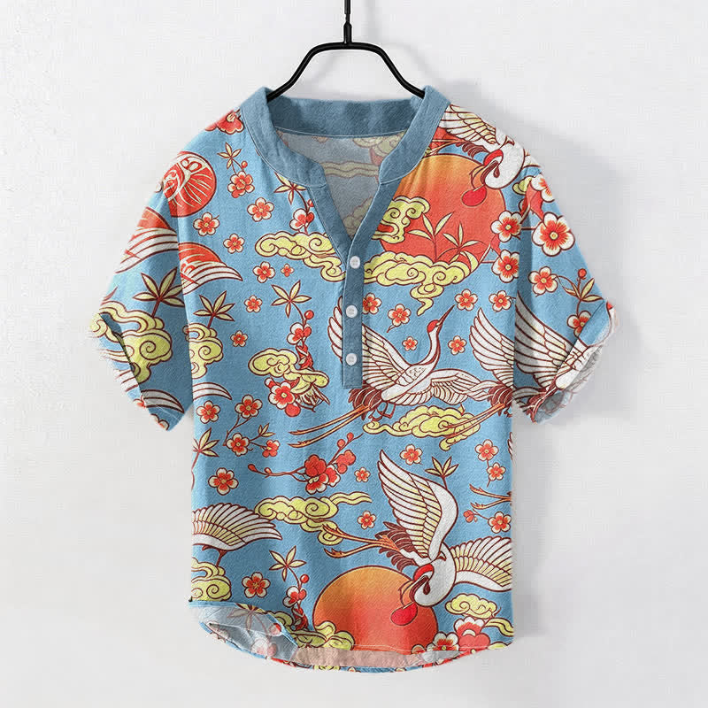 Buddha Stones Pure Cotton Crane Sun Cloud Floral Pattern Men's Short Sleeve Half Button Shirt - SkyBlue - US/UK/AU50,EU60 (5XL) - image 0