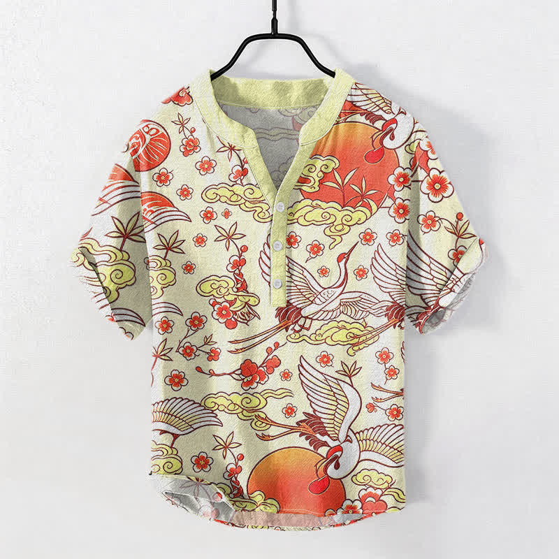 Buddha Stones Pure Cotton Crane Sun Cloud Floral Pattern Men's Short Sleeve Half Button Shirt - Ivory - US/UK/AU50,EU60 (5XL) - image 3