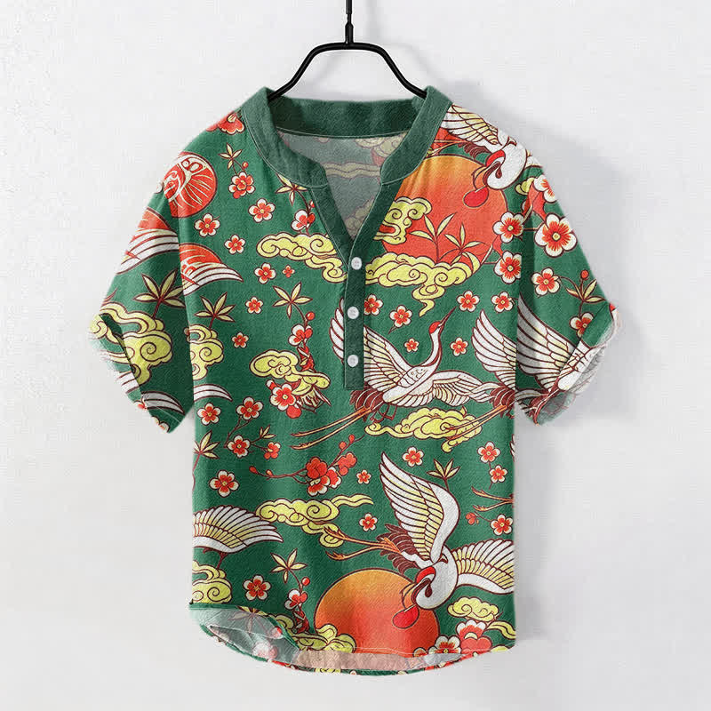 Buddha Stones Pure Cotton Crane Sun Cloud Floral Pattern Men's Short Sleeve Half Button Shirt - ForestGreen - US/UK/AU50,EU60 (5XL) - image 5