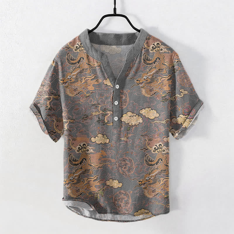 Buddha Stones Cotton Golden Dragon Cloud Pattern Men's Short Sleeve Half Button Shirt - Gray - US/UK/AU50,EU60 (5XL) - image 5