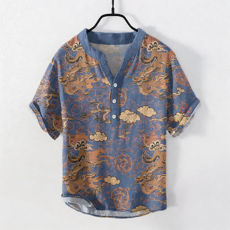Buddha Stones Cotton Golden Dragon Cloud Pattern Men's Short Sleeve Half Button Shirt - SteelBlue - US/UK/AU50,EU60 (5XL) - image 7