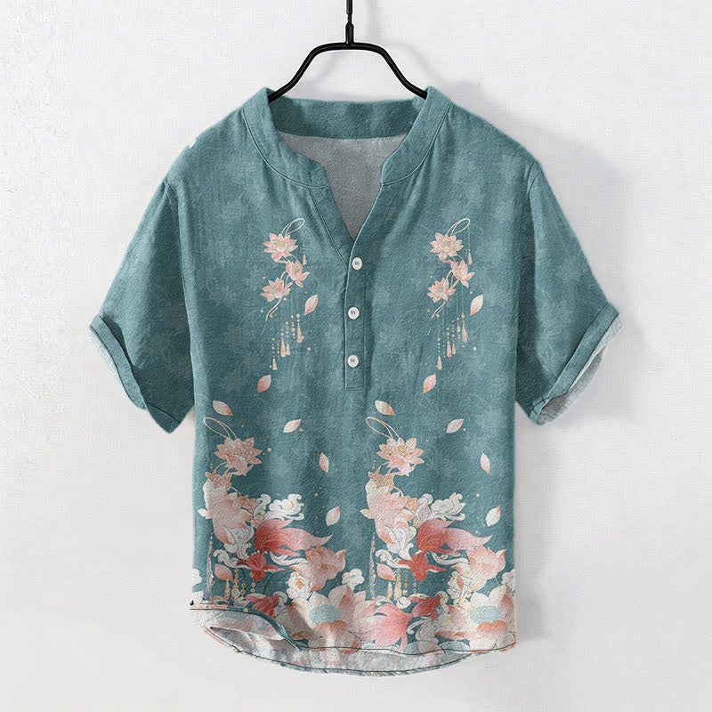 Buddha Stones Cotton Lotus Pattern Men's Short Sleeve Half Button Shirt - Teal - US/UK/AU50,EU60 (5XL) - image 0