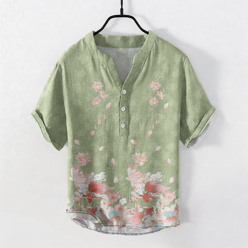 Buddha Stones Cotton Lotus Pattern Men's Short Sleeve Half Button Shirt - LightGreen - US/UK/AU50,EU60 (5XL) - image 5